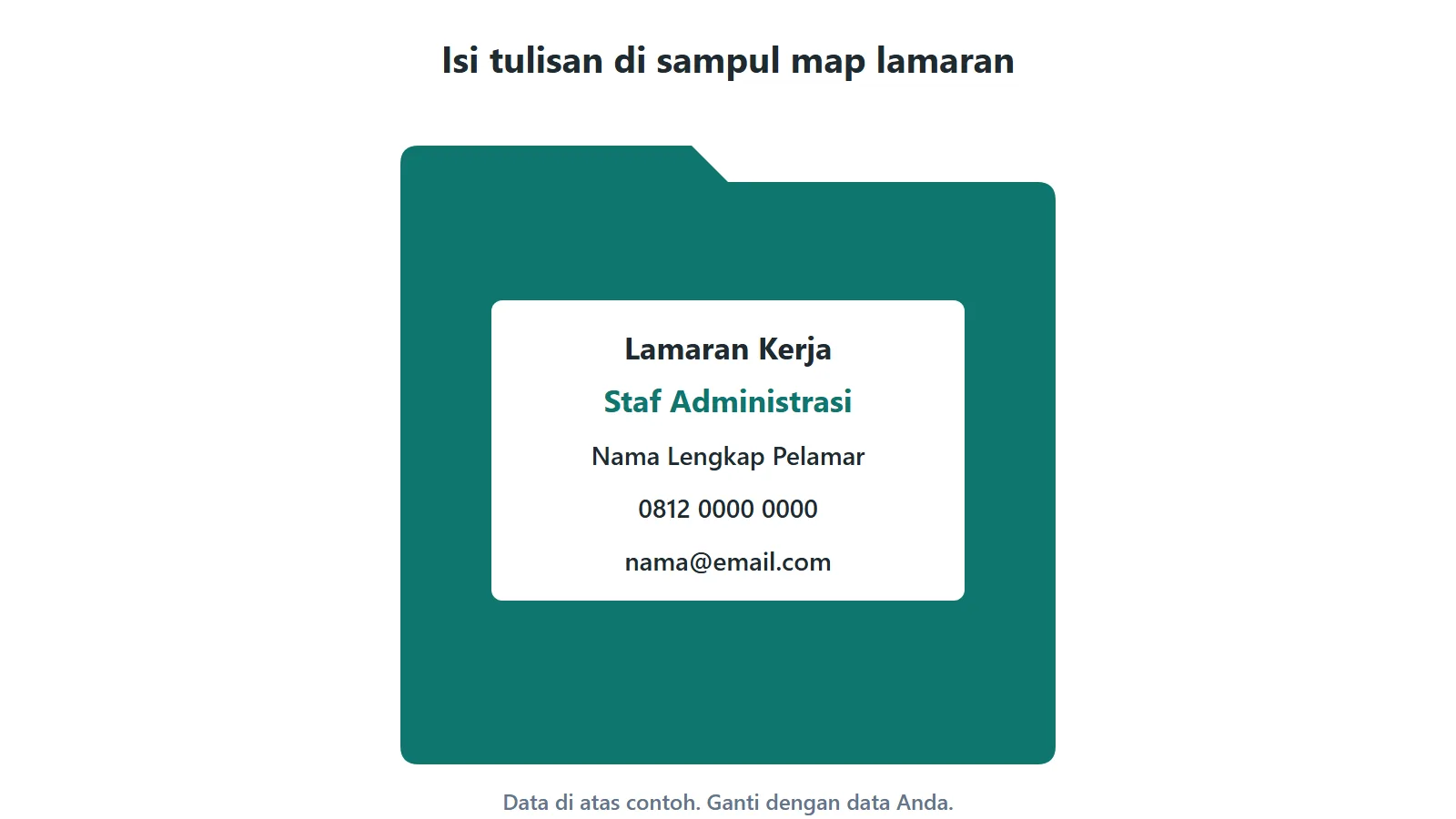Contoh tulisan di sampul map lamaran kerja: Lamaran Kerja, posisi, nama pelamar, nomor telepon, dan email
