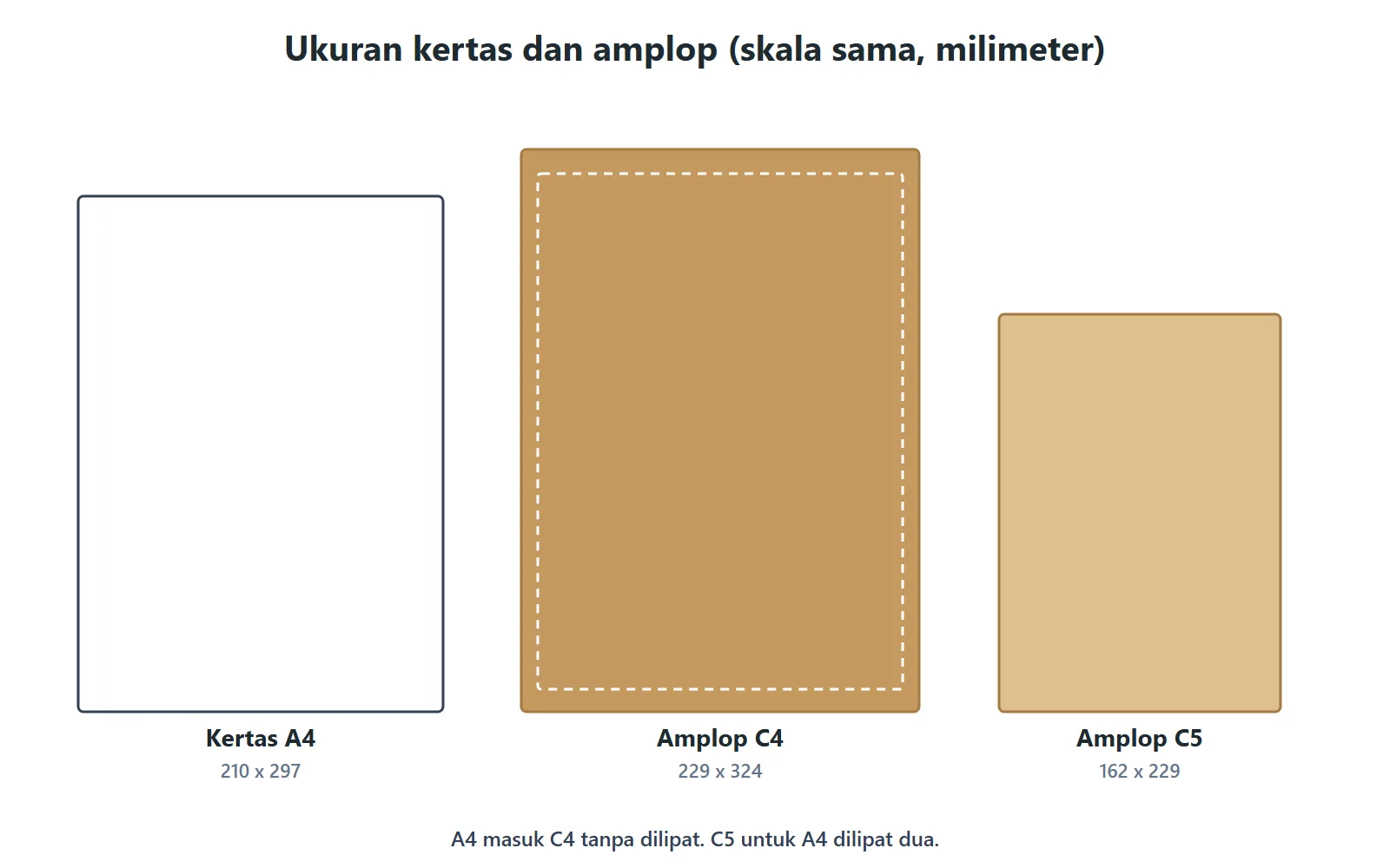 Perbandingan skala kertas A4 210 x 297 mm, amplop C4 229 x 324 mm, dan amplop C5 162 x 229 mm