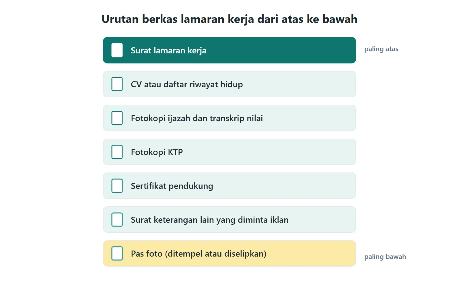 Diagram urutan berkas lamaran kerja dari surat lamaran di paling atas sampai pas foto di paling bawah