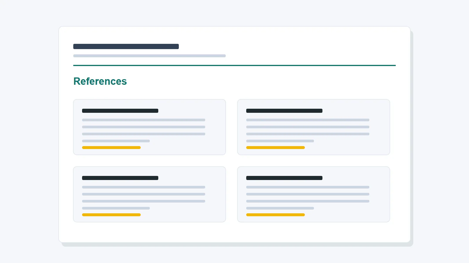Illustration of a reference sheet with the same header as the resume and four reference entries in a grid
