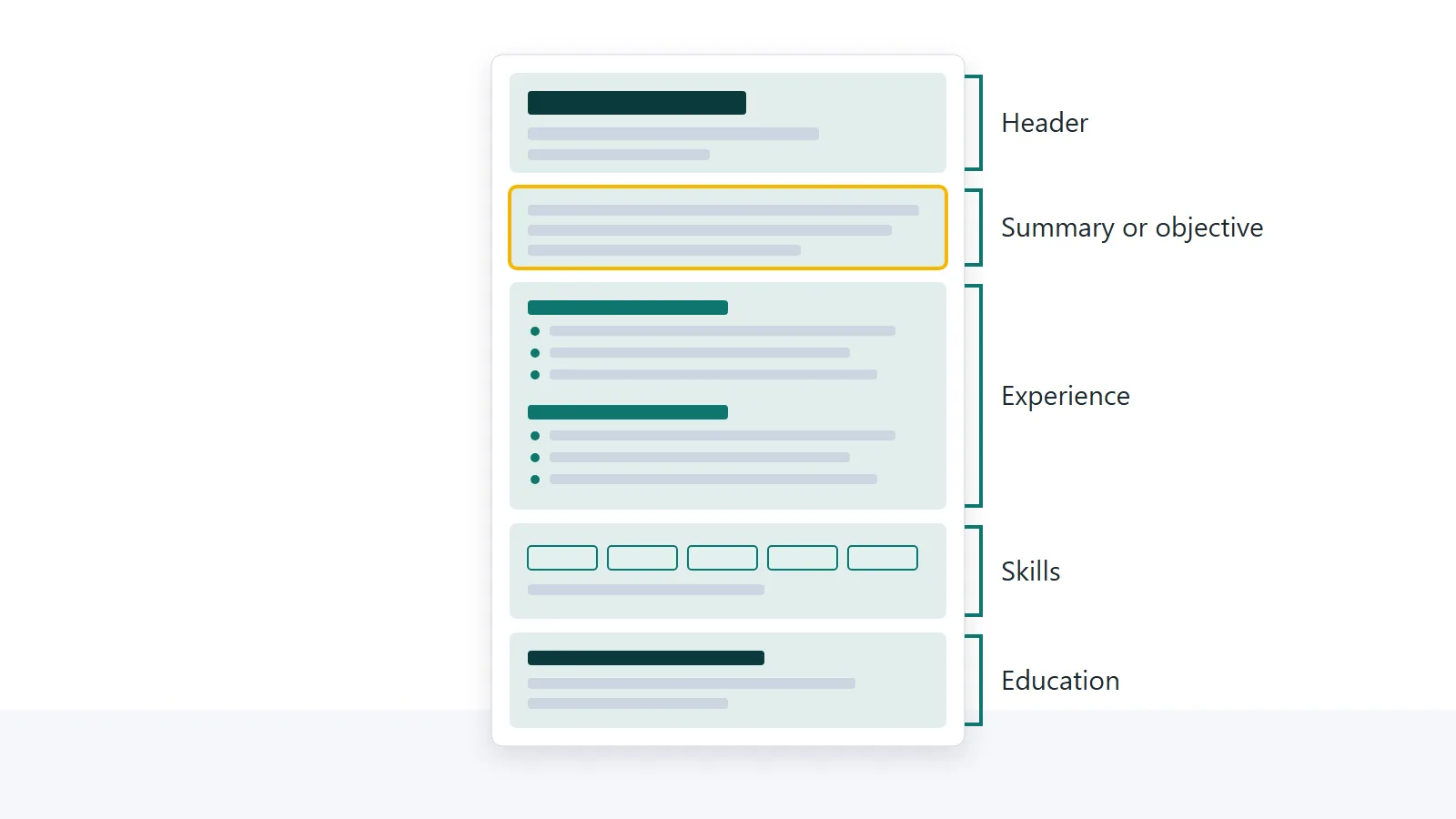 Illustration of a one page resume divided into header, summary, experience, skills and education sections
