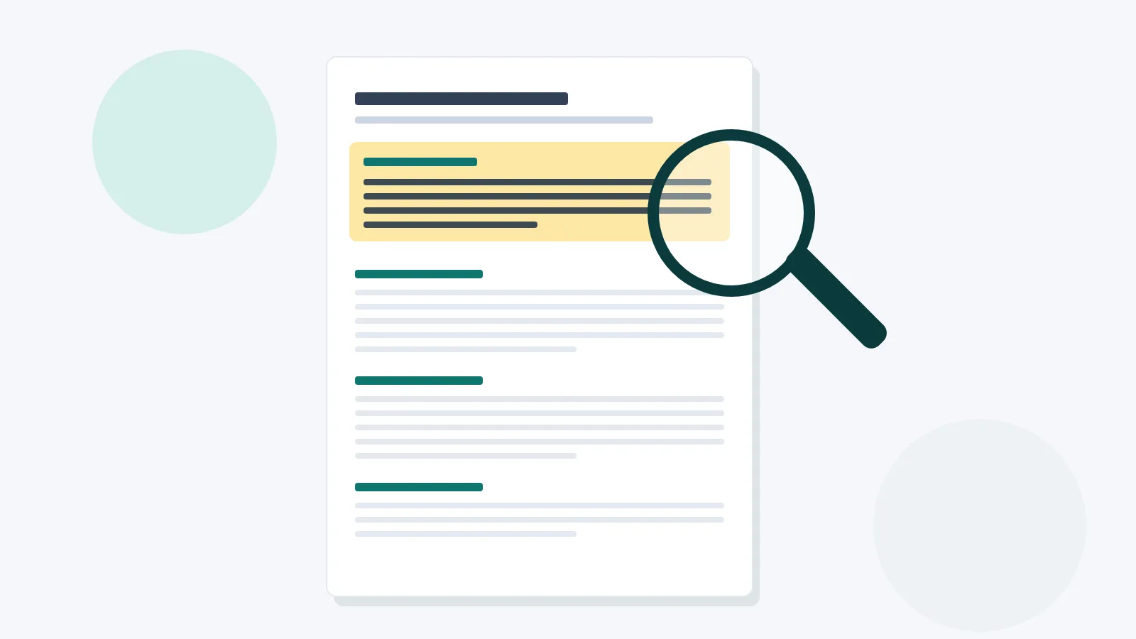 Illustration of a resume with the summary block at the top under a magnifying glass