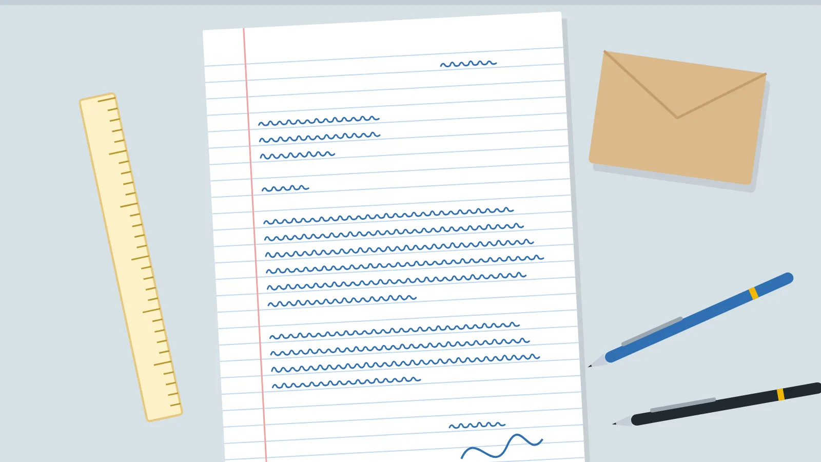 Ilustrasi surat pengunduran diri tulis tangan di kertas folio bergaris dengan pulpen, penggaris, dan amplop cokelat