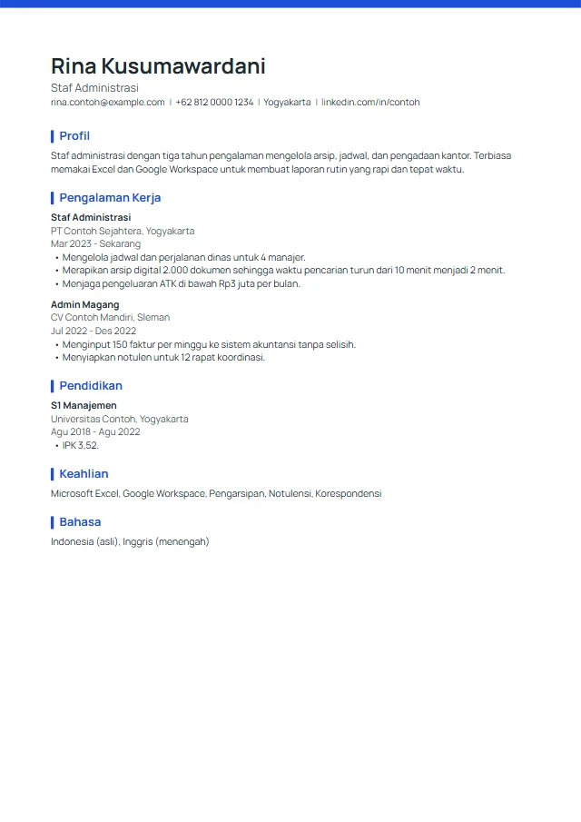 Pratinjau template CV premium Atlas berisi contoh fiktif