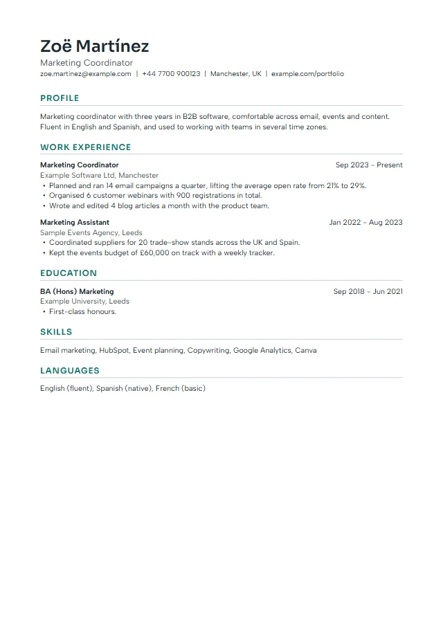 Preview of the Clean template with fictional sample text