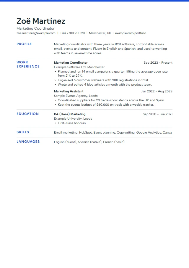 Preview of the Cobalt template filled with a fictional sample document