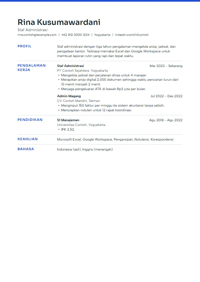 Pratinjau template CV premium Cobalt berisi contoh fiktif