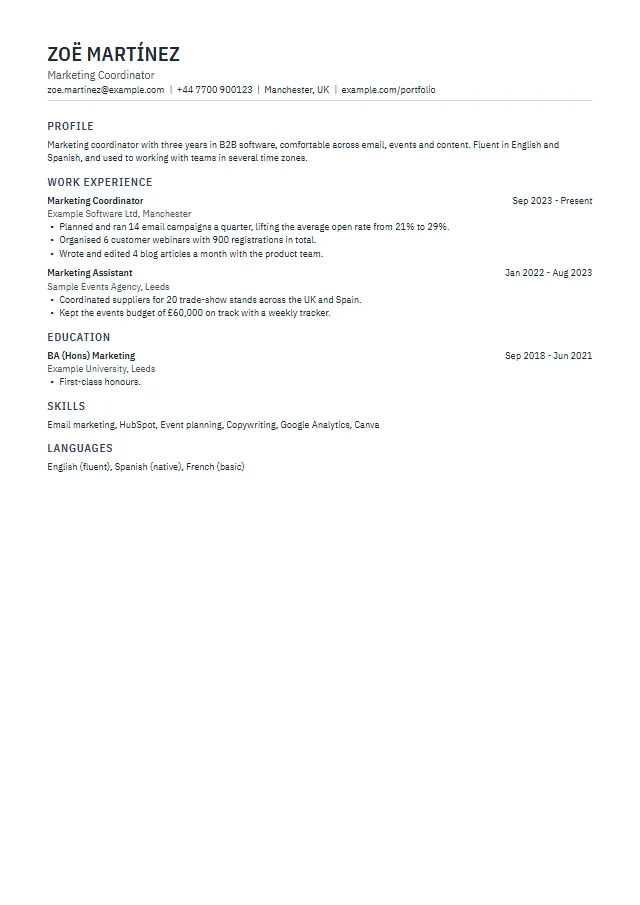 Preview of the Compact template with fictional sample text