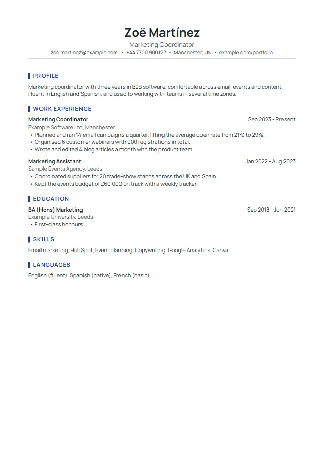 Preview of the Harbor template filled with a fictional sample document