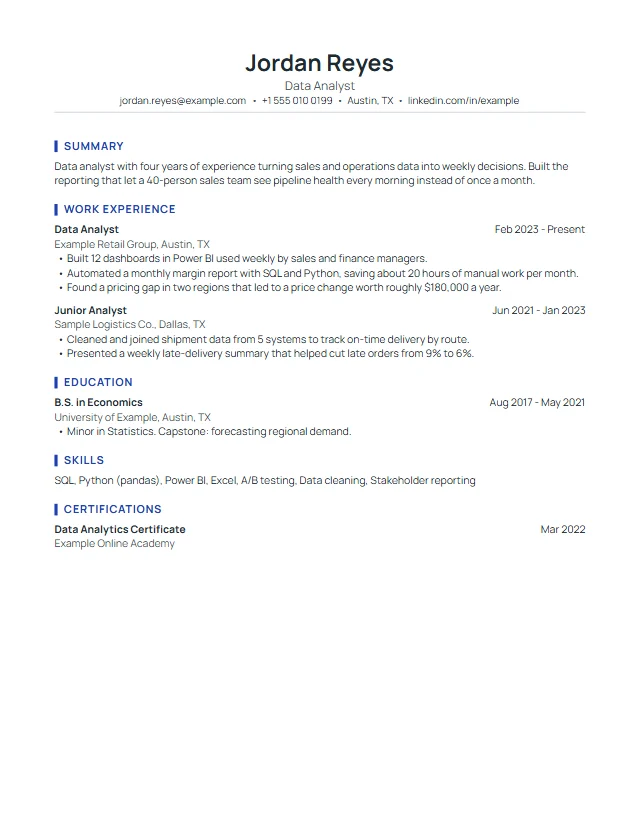 Preview of the Harbor premium resume template with a fictional sample