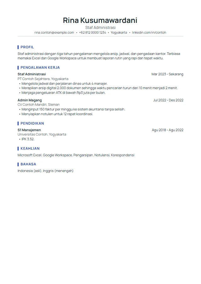 Pratinjau template CV premium Harbor berisi contoh fiktif