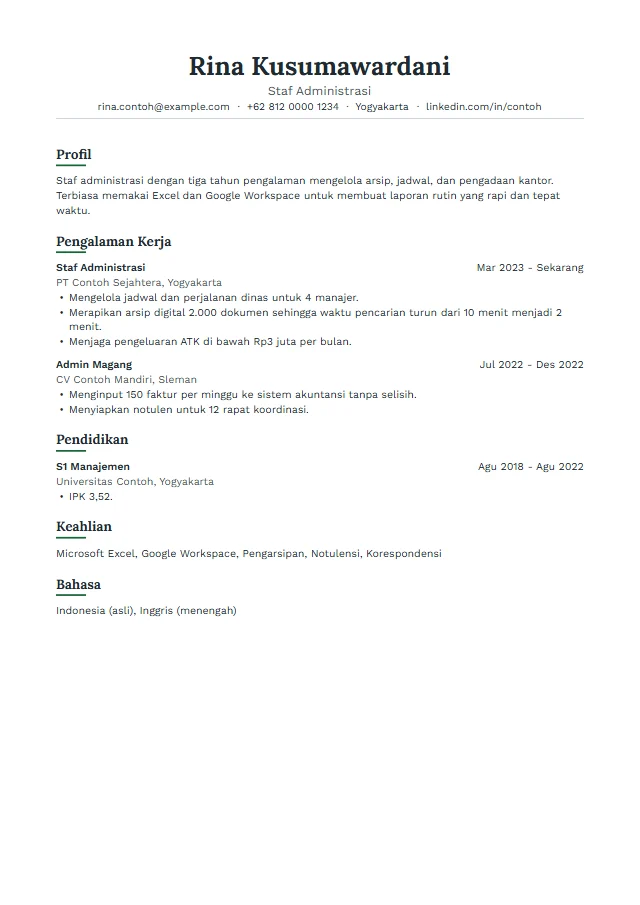 Pratinjau template CV premium Ledger berisi contoh fiktif