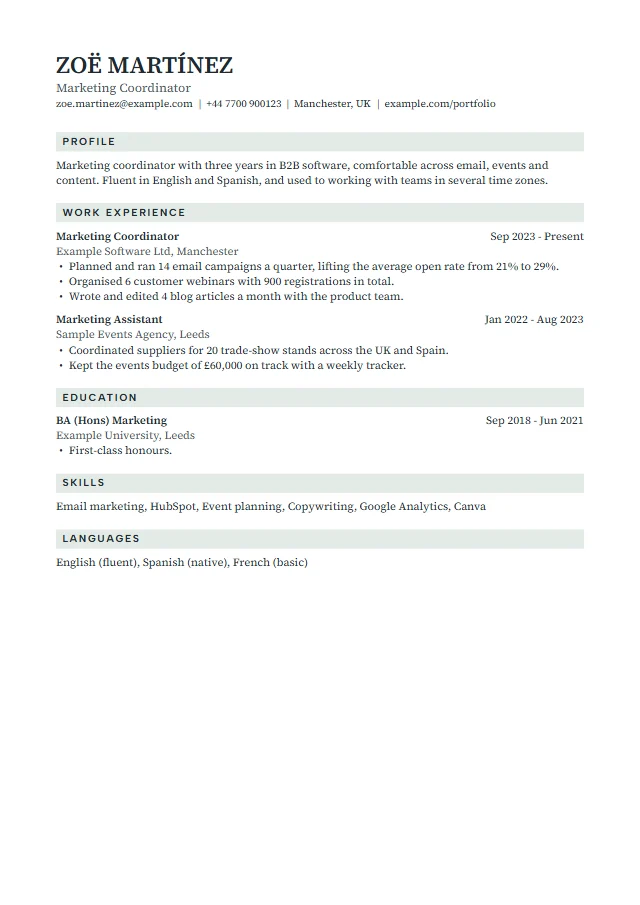 Preview of the Linden template filled with a fictional sample document