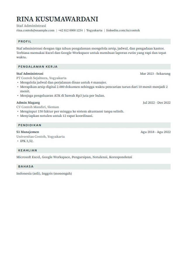 Pratinjau template CV premium Linden berisi contoh fiktif