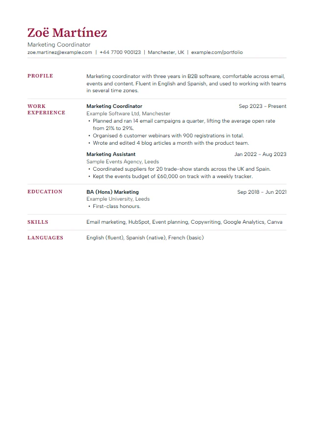 Preview of the Meridian template filled with a fictional sample document