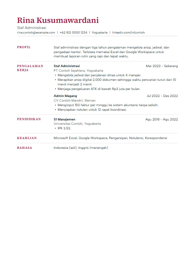 Pratinjau template CV premium Meridian berisi contoh fiktif