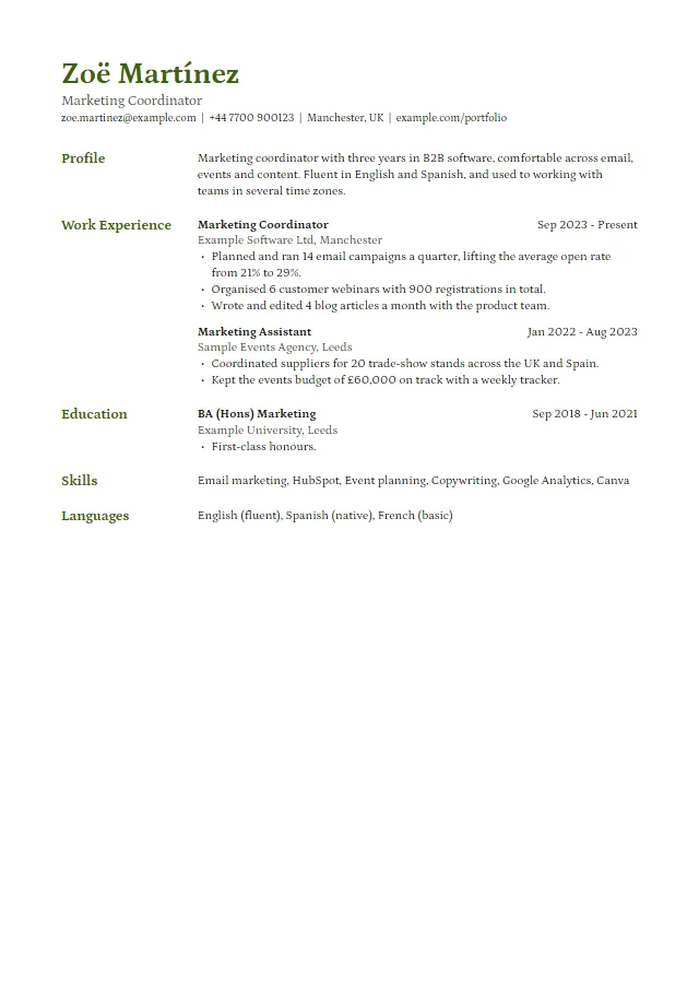 Preview of the Quill template filled with a fictional sample document