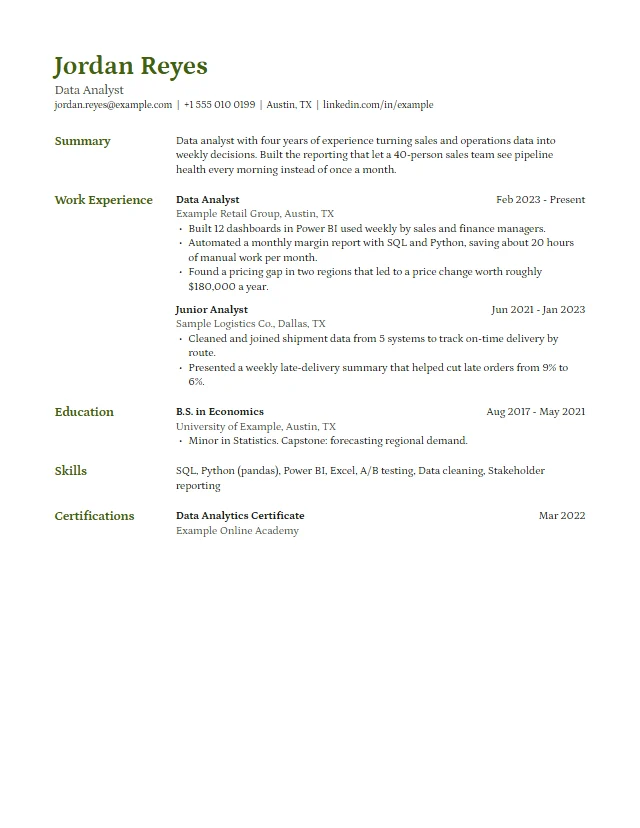 Preview of the Quill premium resume template with a fictional sample