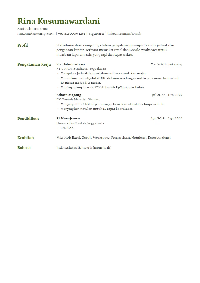 Pratinjau template CV premium Quill berisi contoh fiktif