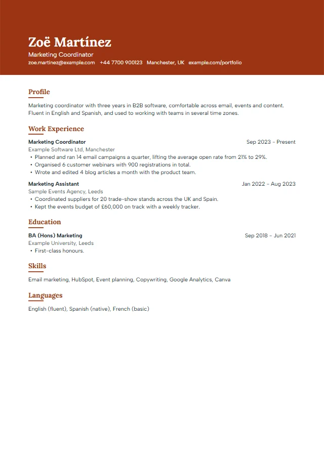 Preview of the Sienna template filled with a fictional sample document