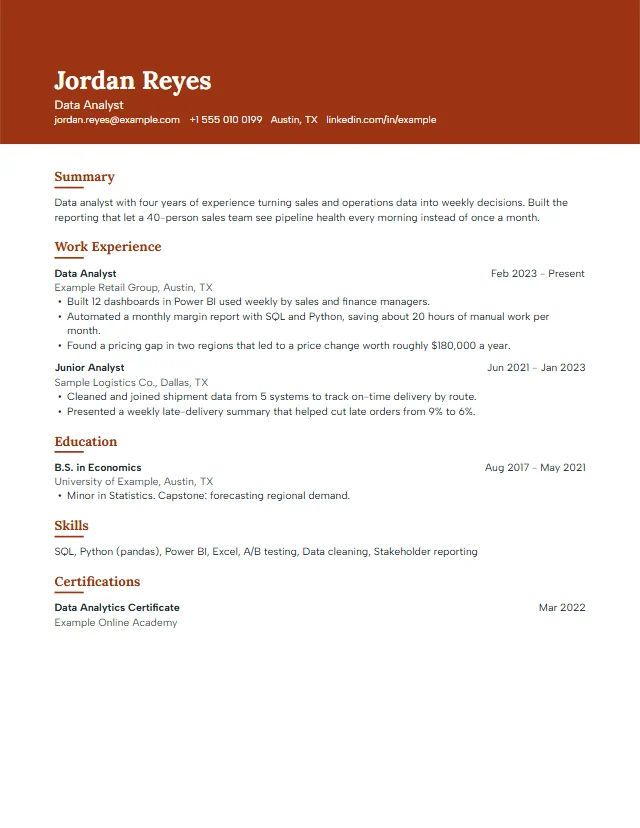 Preview of the Sienna premium resume template with a fictional sample